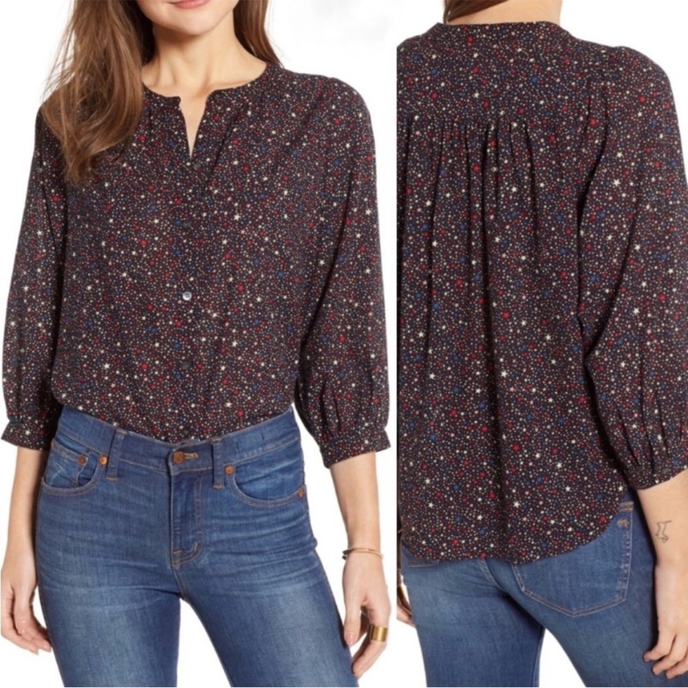 Madewell Starry Night Peasant Top Navy Blue Dolman Balloon Sleeve Cotton…